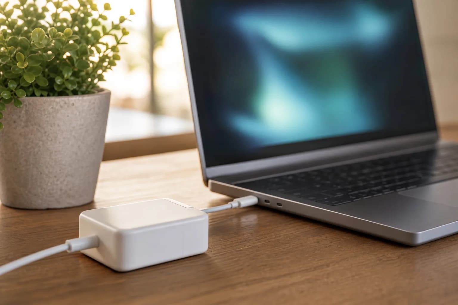 Laptop mit Ladegerät und Pflanze als Symbol für bewusste Akkupflege