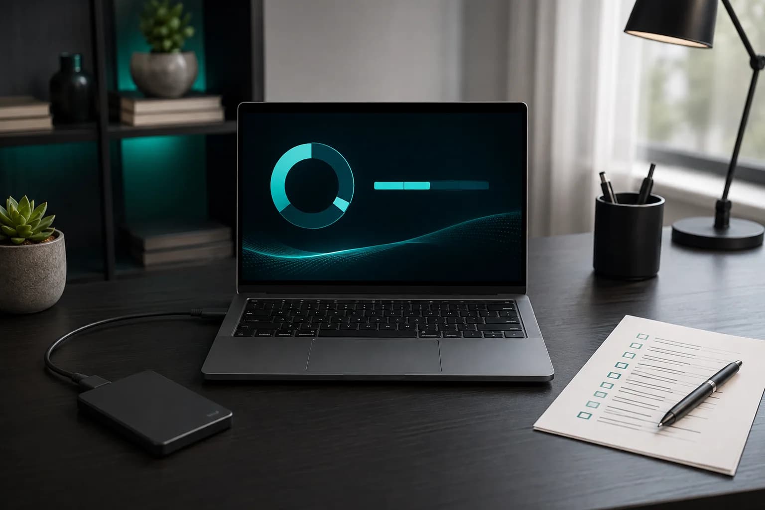 Laptop, externe SSD und Checkliste für eine geordnete PC-Wartung