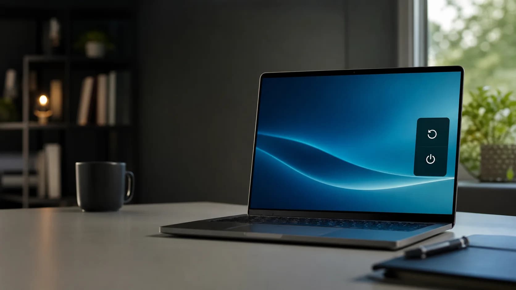 Laptop auf einem Schreibtisch mit Symbolen für Neustart und Herunterfahren