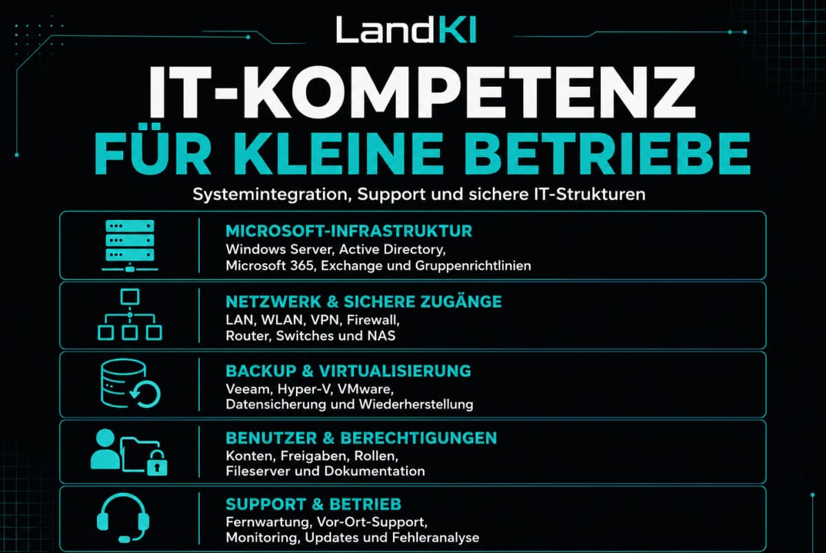 IT-Kompetenz von LandKI für kleine Betriebe: Microsoft 365, Windows Server, Netzwerk, Backup und Support