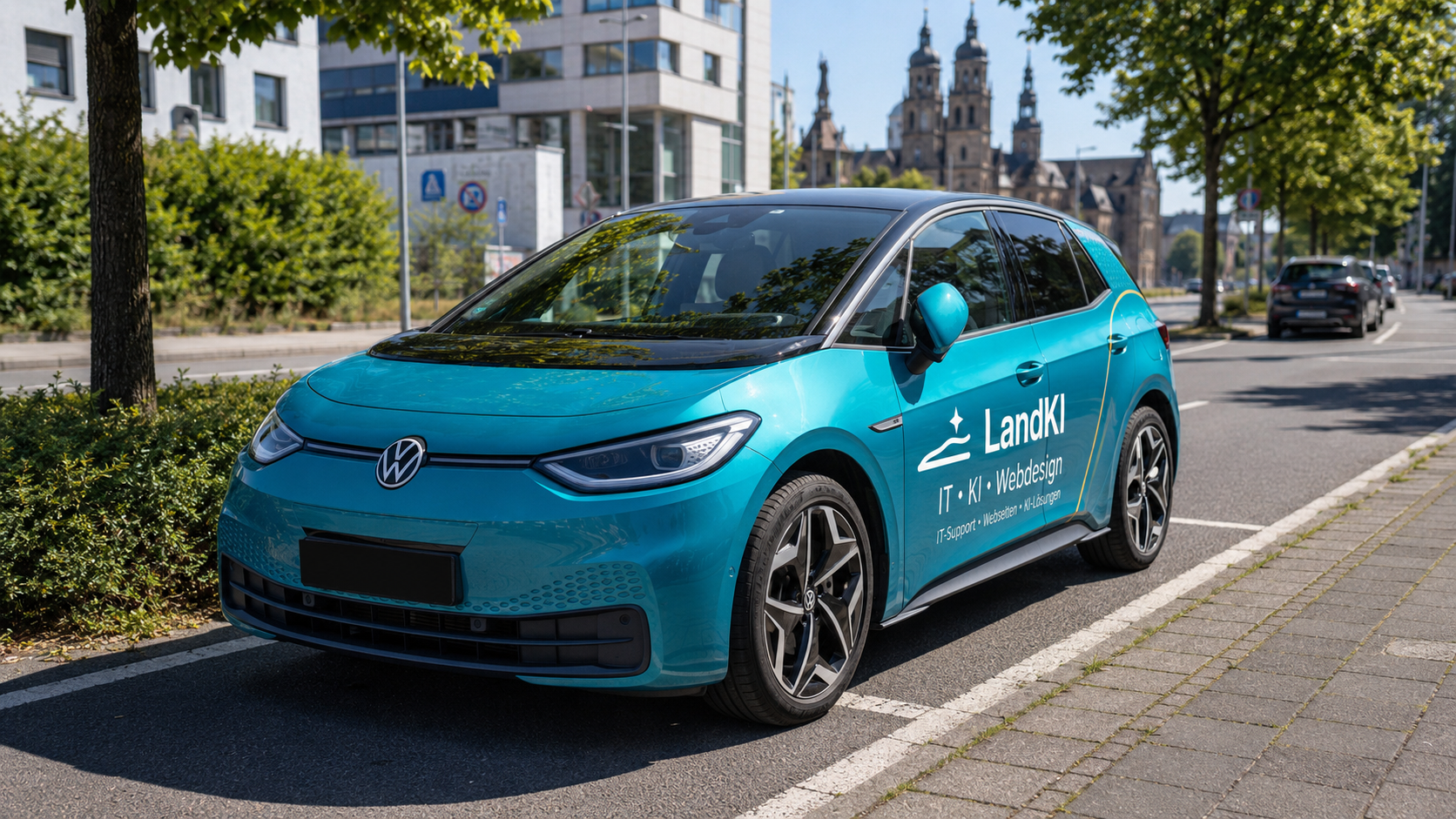 LandKI-Fahrzeug vor der Fuldaer Stadtkulisse